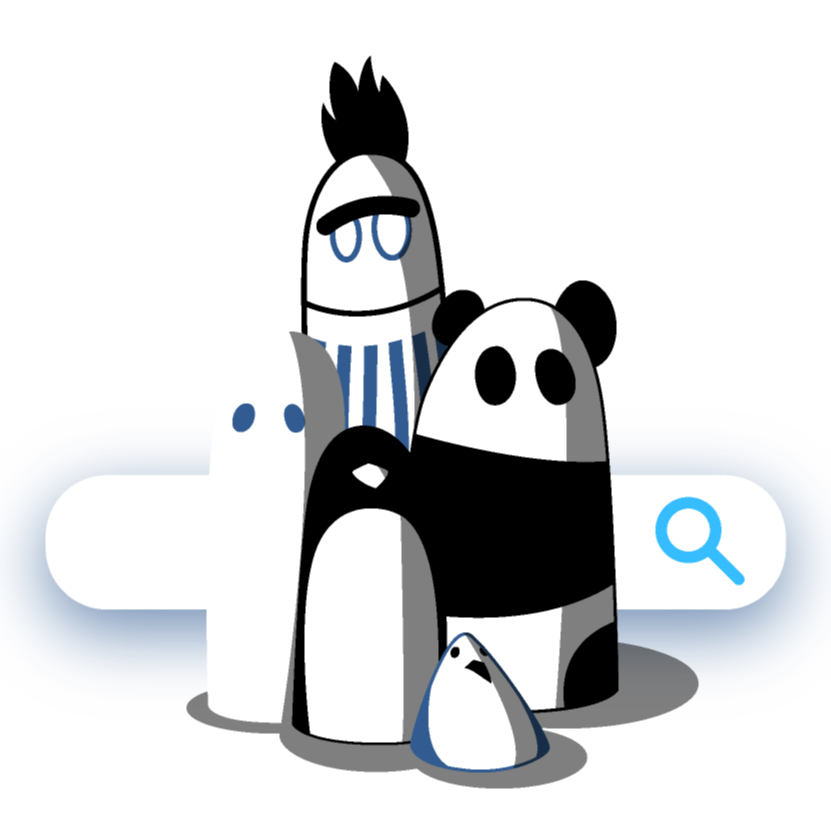 Illustrations personnifiées des différents algorithmes de Google (fatom, pinguin, pigeon, panda et Bart)