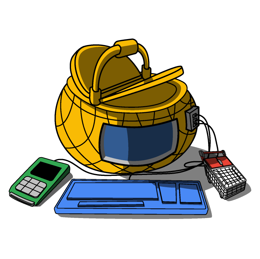 Illustration d'un ordinateur en forme de panier à piquenique avec une souris en forme de caddie